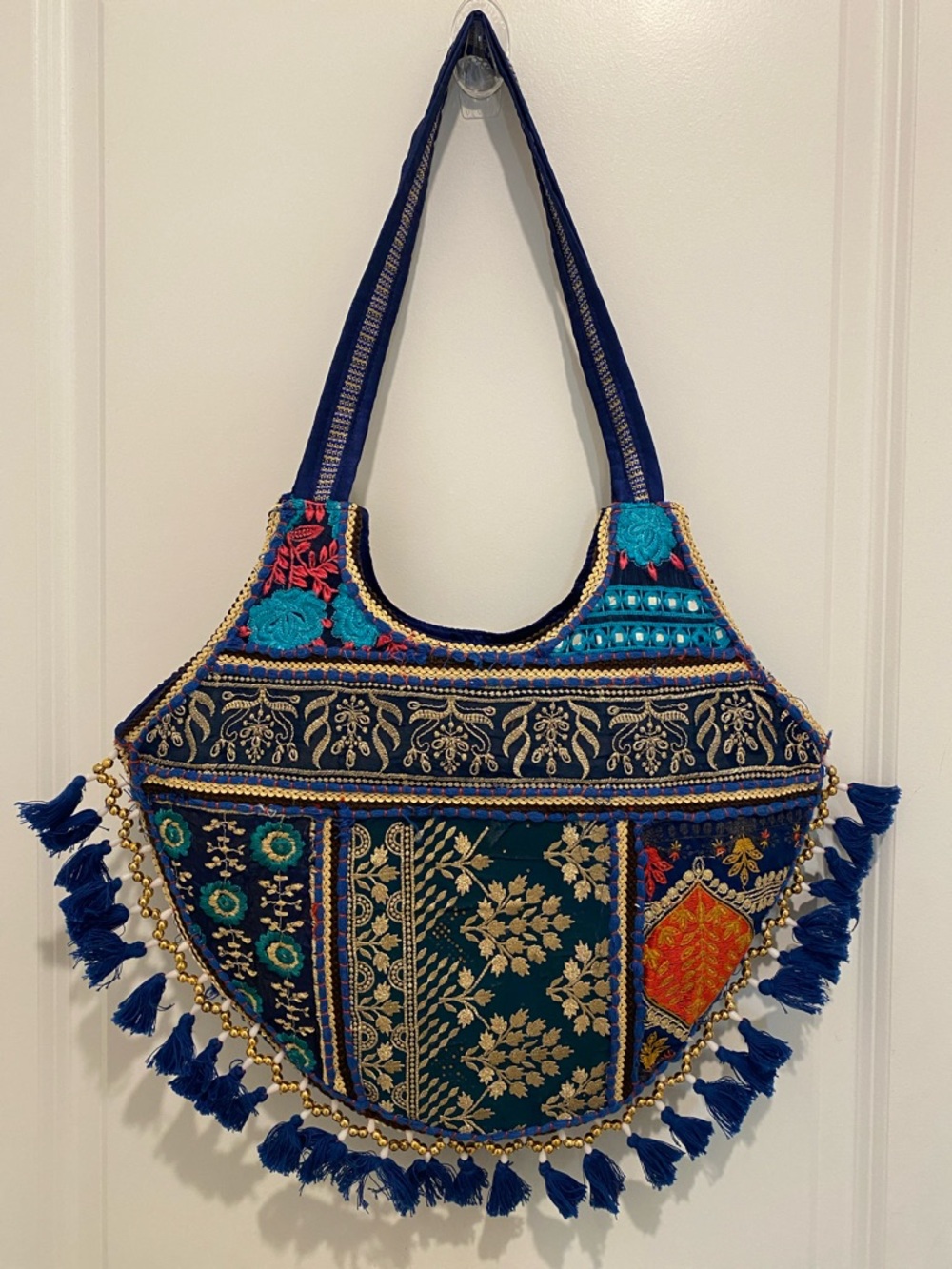Embroidered Boho Tote Bag in Navy Blue